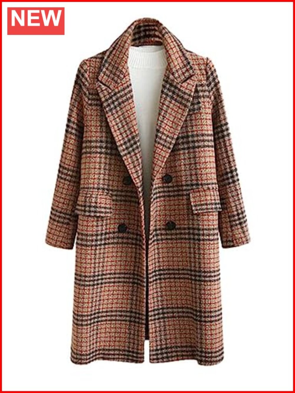 Women Winter Plaid Wool Double Breasted Long Peacoat Jacket